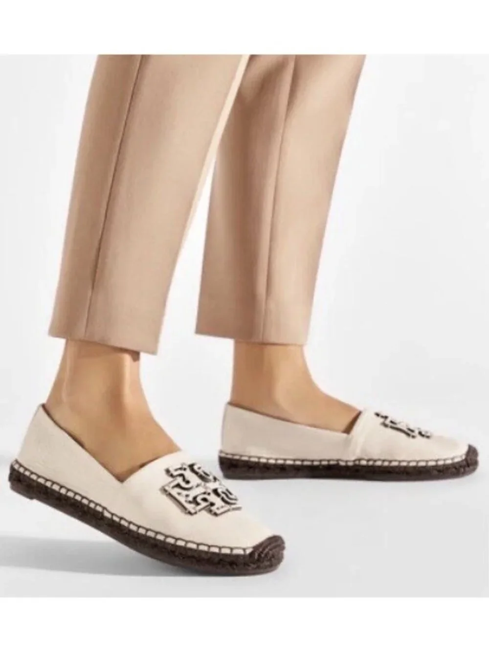 TORY BURCH BEIGE LEATHER ESPADRILLES FLATS SIZE 7.5